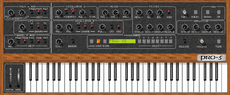 Prophet5 エミュレータの画面。鍵盤はもちろん、盤上のすべてのノブが操作できる。 image